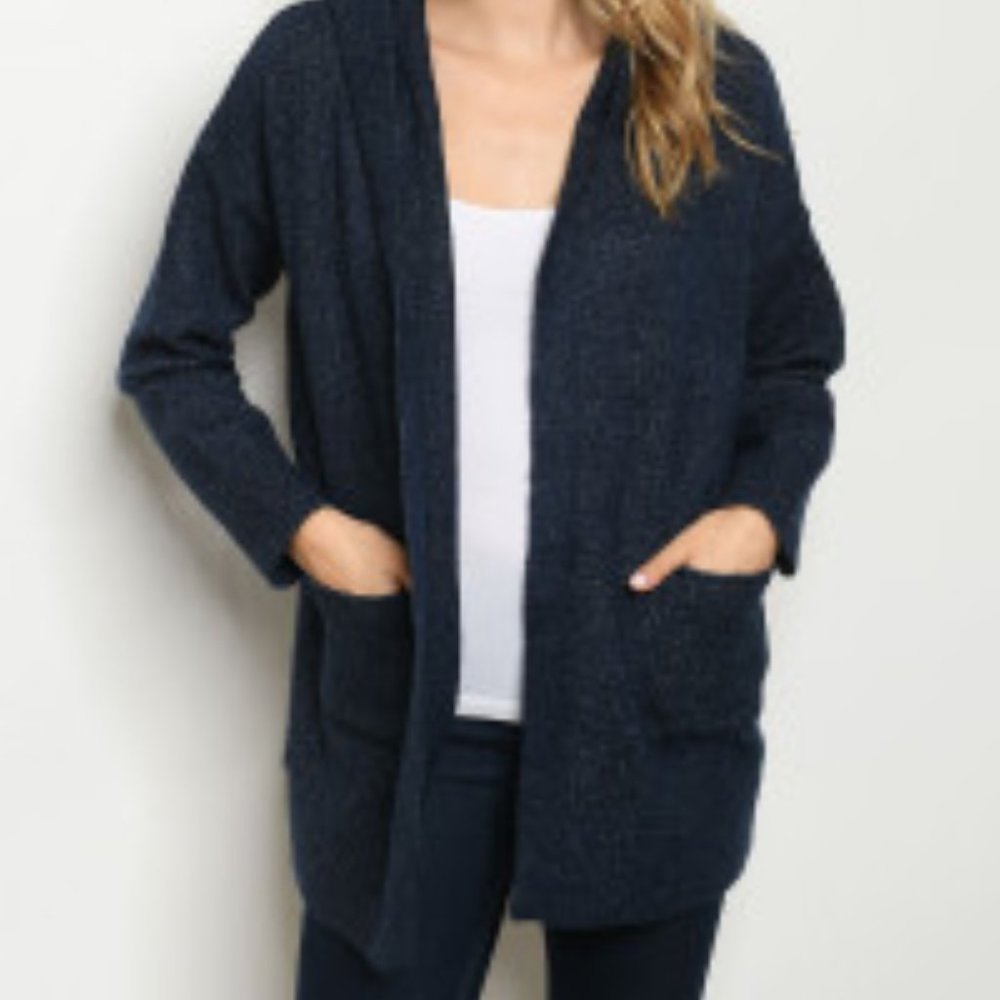 Navy Open Front Hooded Cardigan